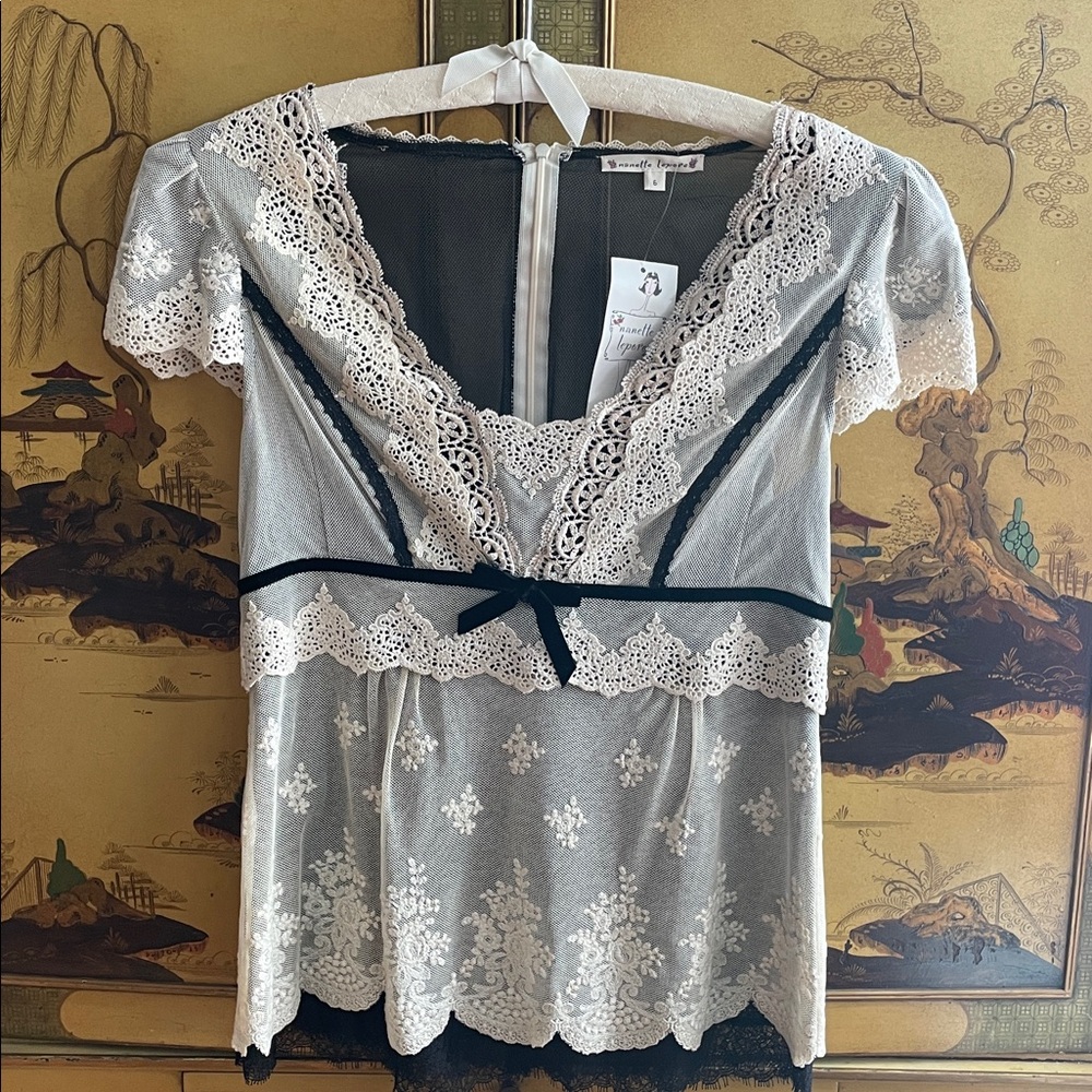 NANETTE LEPORE Fiesta Top Ivory Black Mesh Lace Velvet Bow Boudoir 6 Y2K NEW!